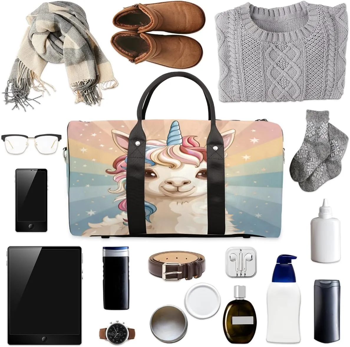 Llama Unicorn Travel Duffle Bag, Sports Gym Bags for Women Men, Carry On Weekender Overnight Bag, Alpaca Llama Workout Hospital Airplane Trips Bag