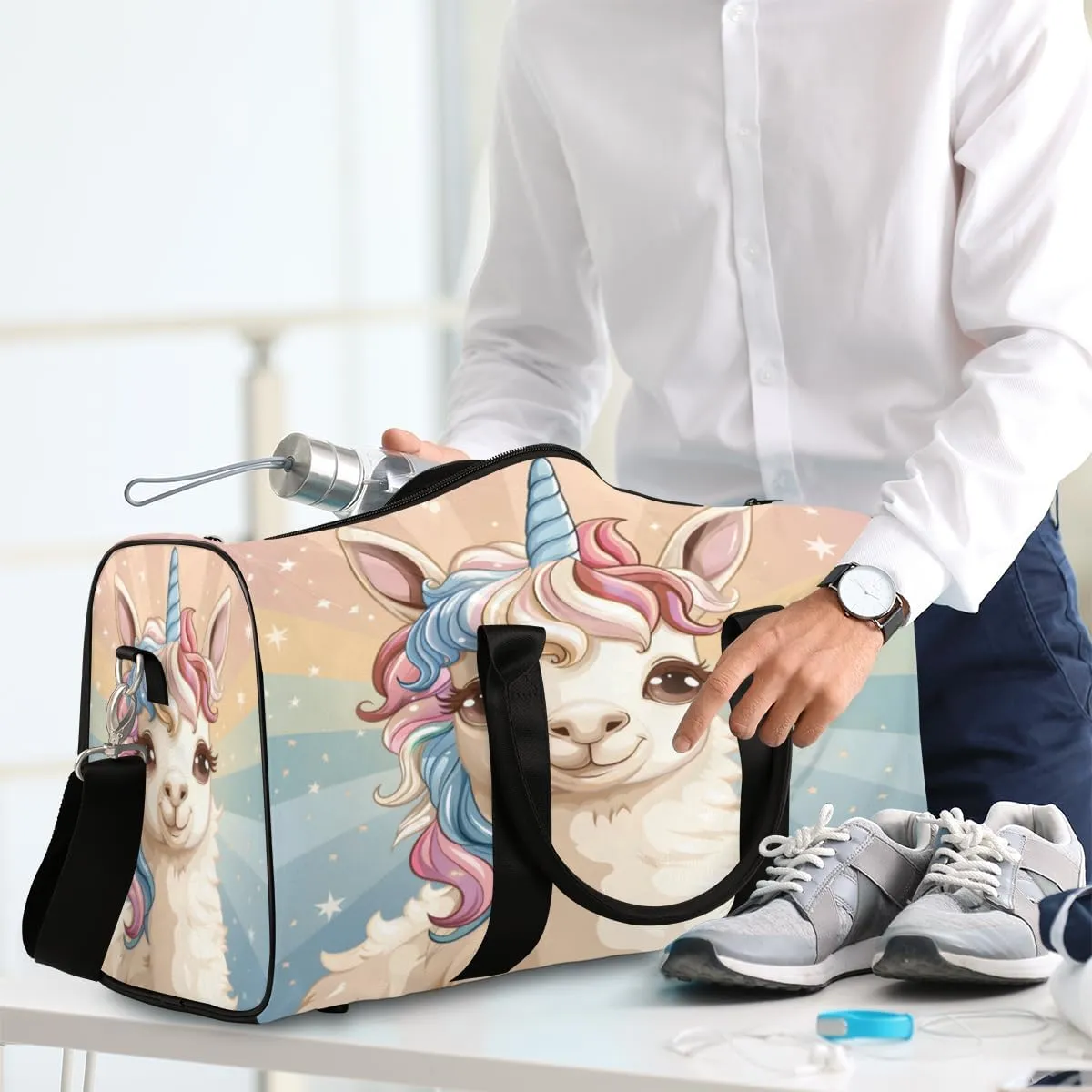 Llama Unicorn Travel Duffle Bag, Sports Gym Bags for Women Men, Carry On Weekender Overnight Bag, Alpaca Llama Workout Hospital Airplane Trips Bag