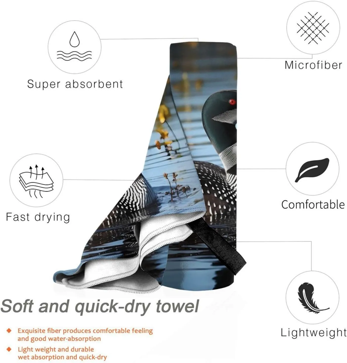 Loon Birds Premium Compact Microfiber Travel Towel-Featherlight & Quick Dry,Sand-Resistant Beach Towel for Swimming,Camping,Vacation Essentials with Carry Pouch