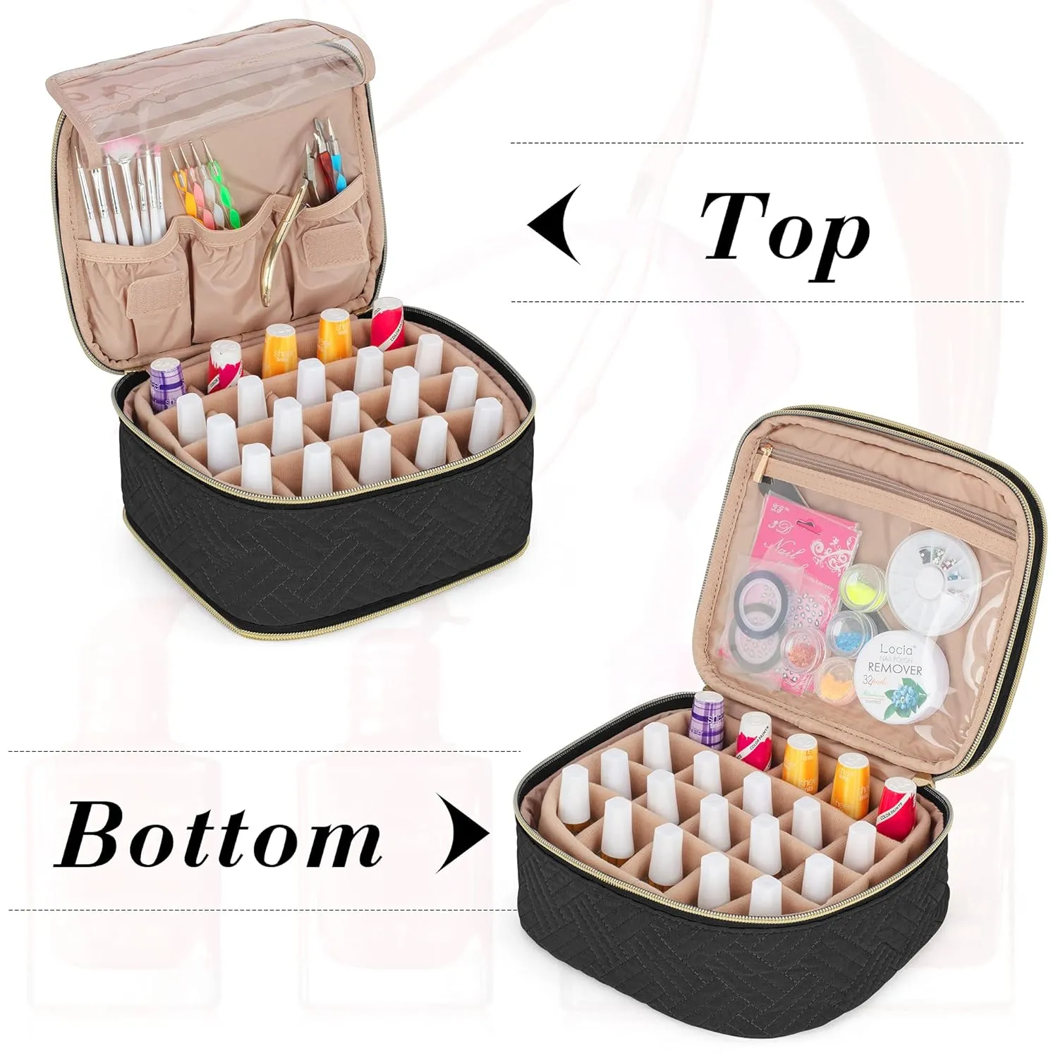 LUXJA Detachable 2 Layers Nail Polish Organizer - Hold 40 Bottles (15ml - 0.5 fl.oz), Nail Polish Case with Tools Storage Pockets (Patented), Black