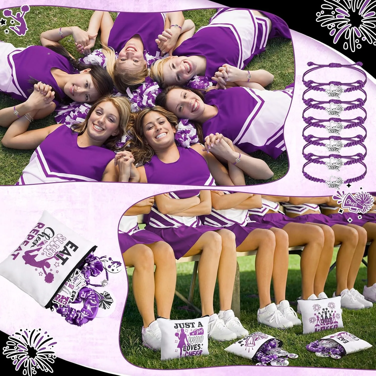 Lyrow 160 Pcs Cheerleader Gifts Bulk for Team Cheer Scrunchies Hair Ties Makeup Bag Cheer Mirror Bracelet Keychain Sticker for Back to School(Purple)
