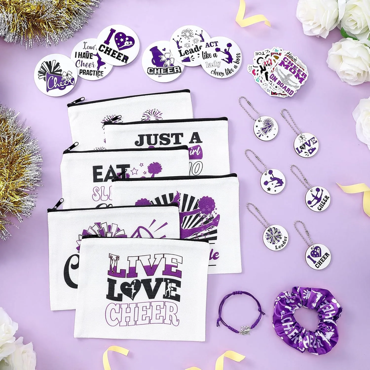 Lyrow 160 Pcs Cheerleader Gifts Bulk for Team Cheer Scrunchies Hair Ties Makeup Bag Cheer Mirror Bracelet Keychain Sticker for Back to School(Purple)
