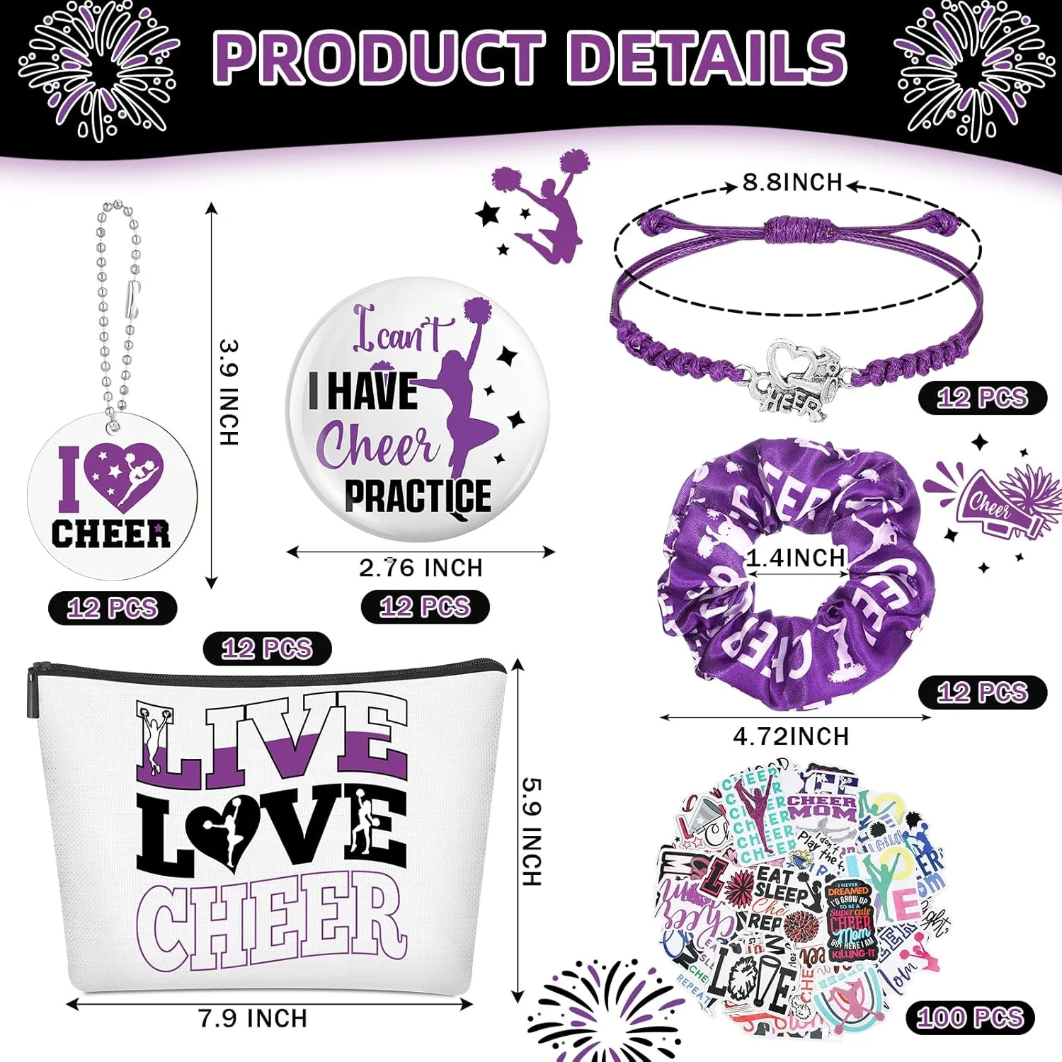 Lyrow 160 Pcs Cheerleader Gifts Bulk for Team Cheer Scrunchies Hair Ties Makeup Bag Cheer Mirror Bracelet Keychain Sticker for Back to School(Purple)