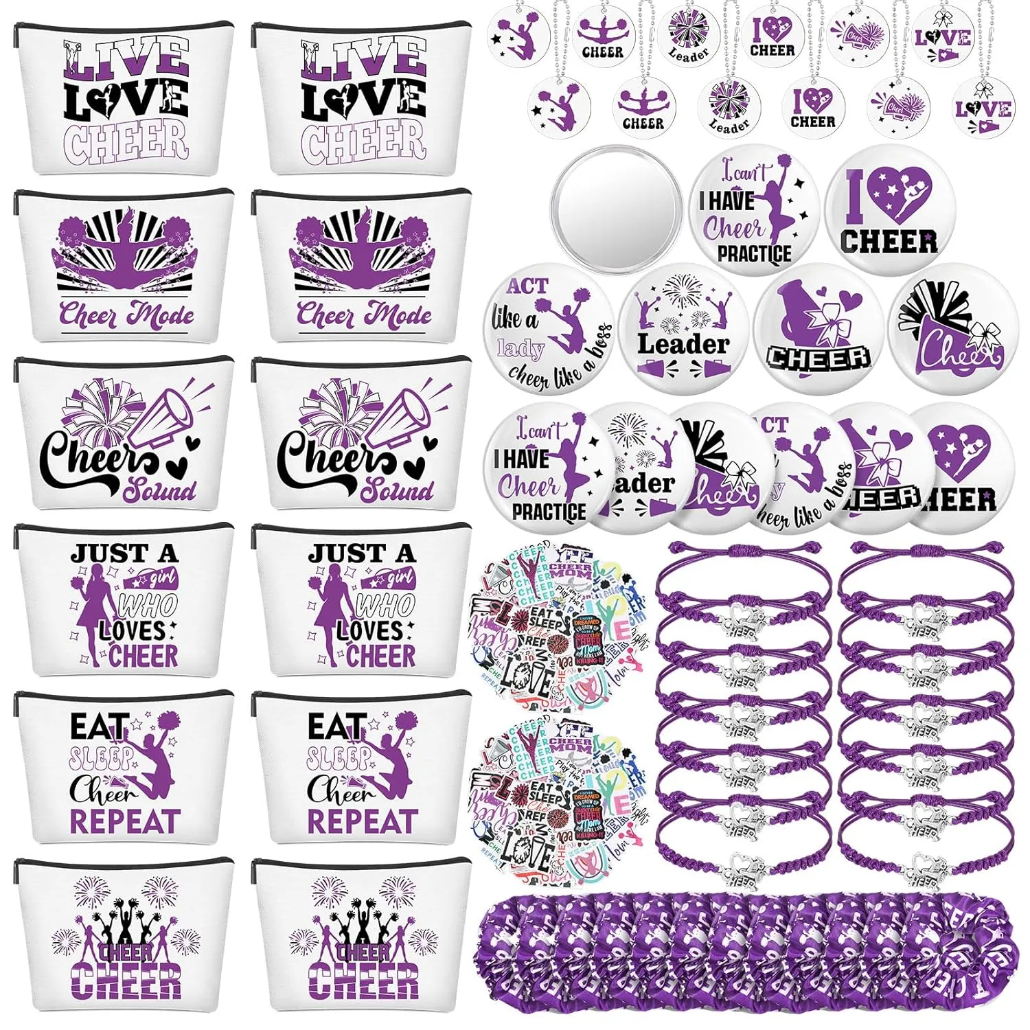 Lyrow 160 Pcs Cheerleader Gifts Bulk for Team Cheer Scrunchies Hair Ties Makeup Bag Cheer Mirror Bracelet Keychain Sticker for Back to School(Purple)