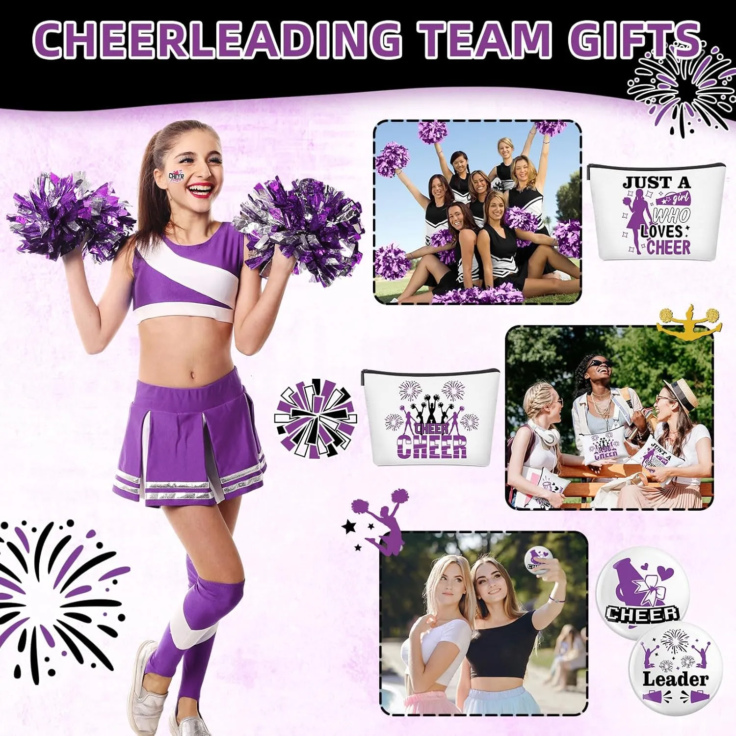Lyrow 160 Pcs Cheerleader Gifts Bulk for Team Cheer Scrunchies Hair Ties Makeup Bag Cheer Mirror Bracelet Keychain Sticker for Back to School(Purple)