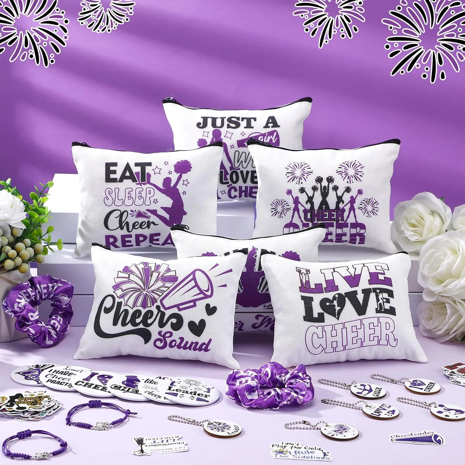 Lyrow 160 Pcs Cheerleader Gifts Bulk for Team Cheer Scrunchies Hair Ties Makeup Bag Cheer Mirror Bracelet Keychain Sticker for Back to School(Purple)