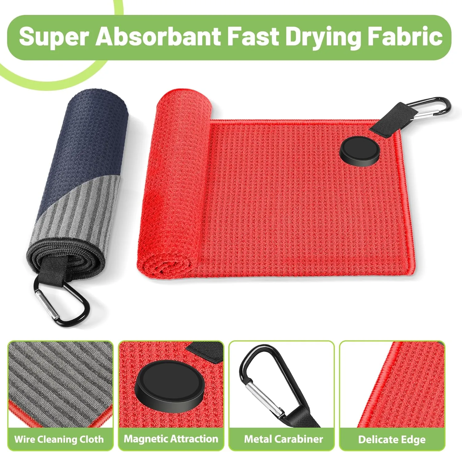 Magnetic Golf Towel, 2 Pack Golf Towels with Clips, Ultra Absorbent Microfiber Wire Cleaning Cloth, Waffle Pattern Golf Towel with Magnet for Men Women, Golf Accessories for Golf Bags, Carts or Clubs