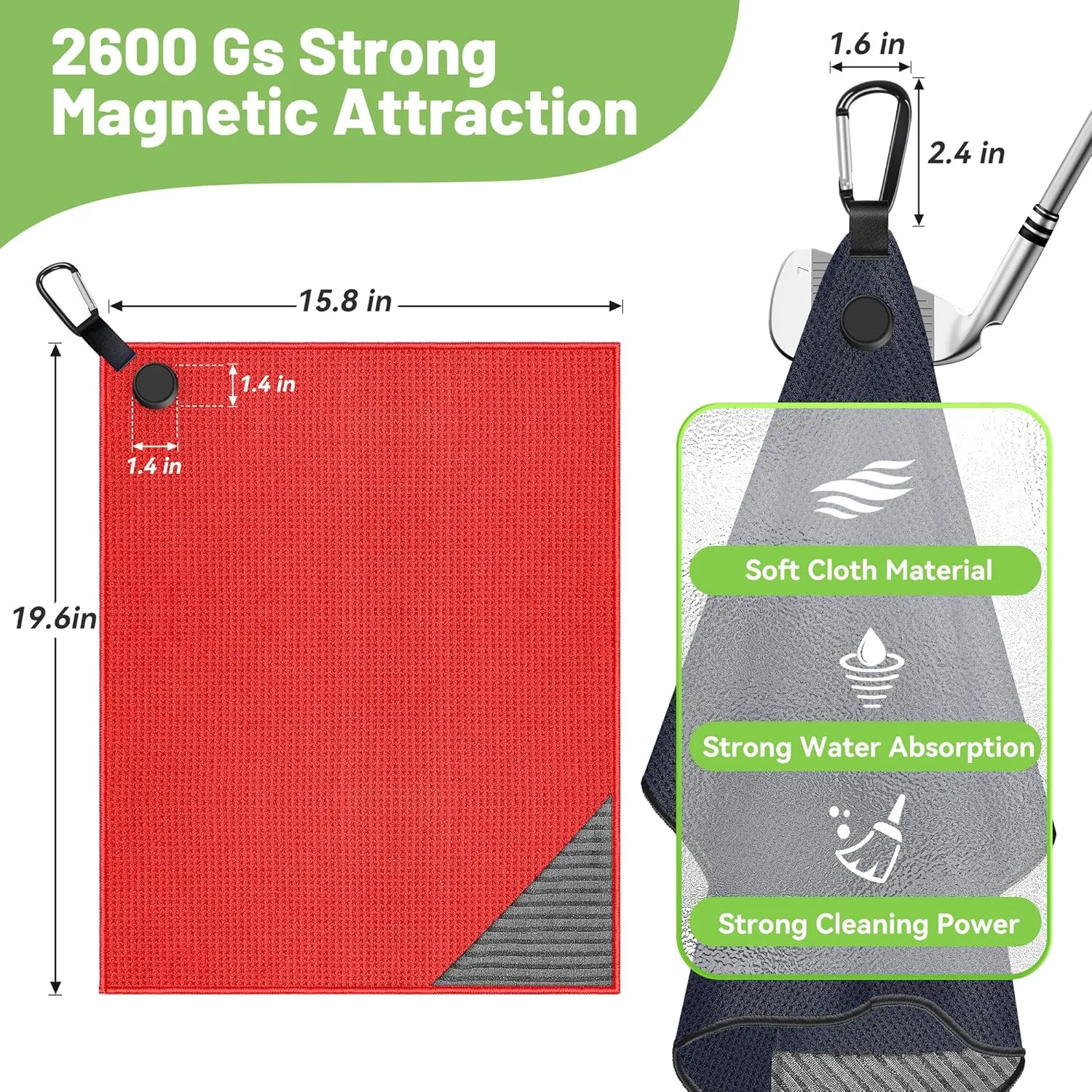 Magnetic Golf Towel, 2 Pack Golf Towels with Clips, Ultra Absorbent Microfiber Wire Cleaning Cloth, Waffle Pattern Golf Towel with Magnet for Men Women, Golf Accessories for Golf Bags, Carts or Clubs