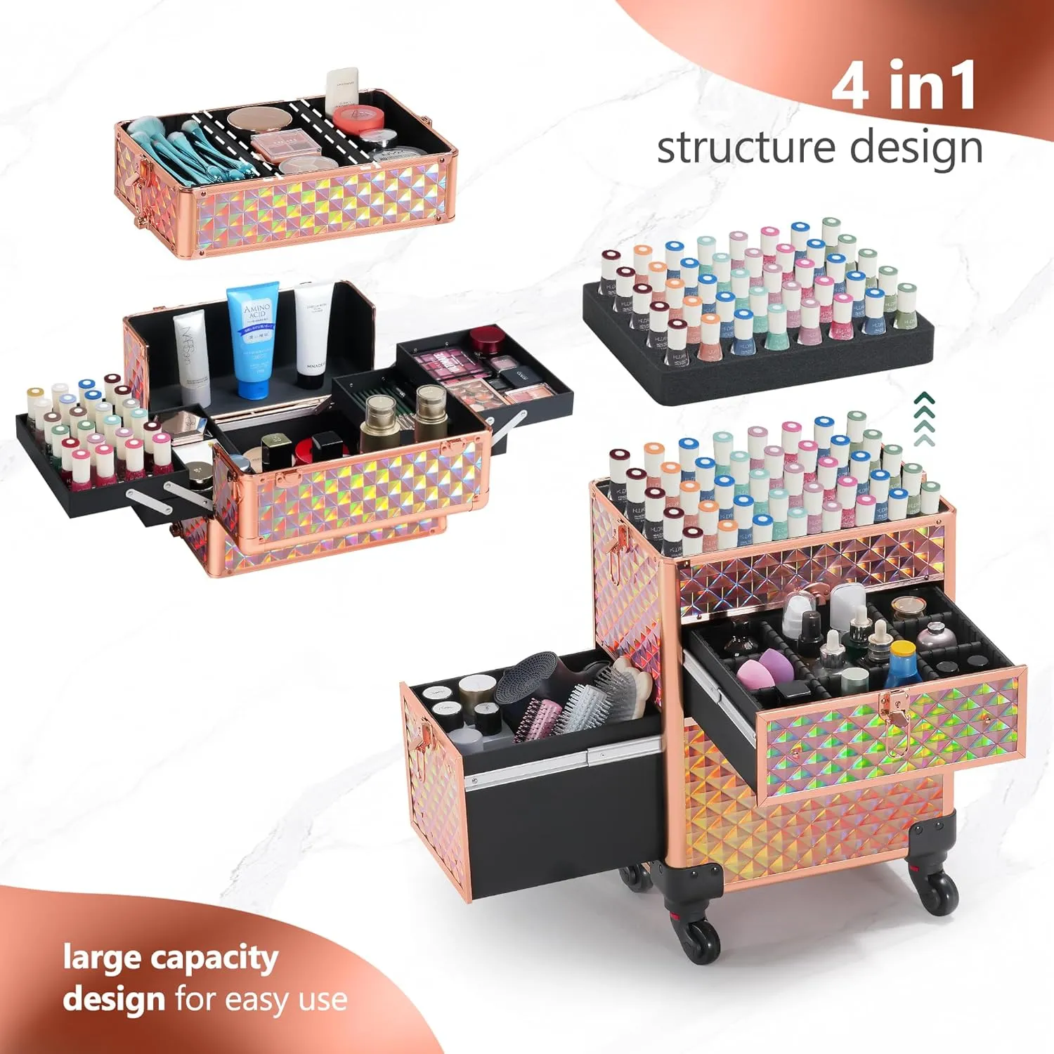 Makeup Train Case with Drawer, Rolling Makeup Case, Cosmetology Case on Wheels, Gift, Large Makeup Case Organizers, Professional for Salon Barber, Nail, Tattoo, Rose Gold