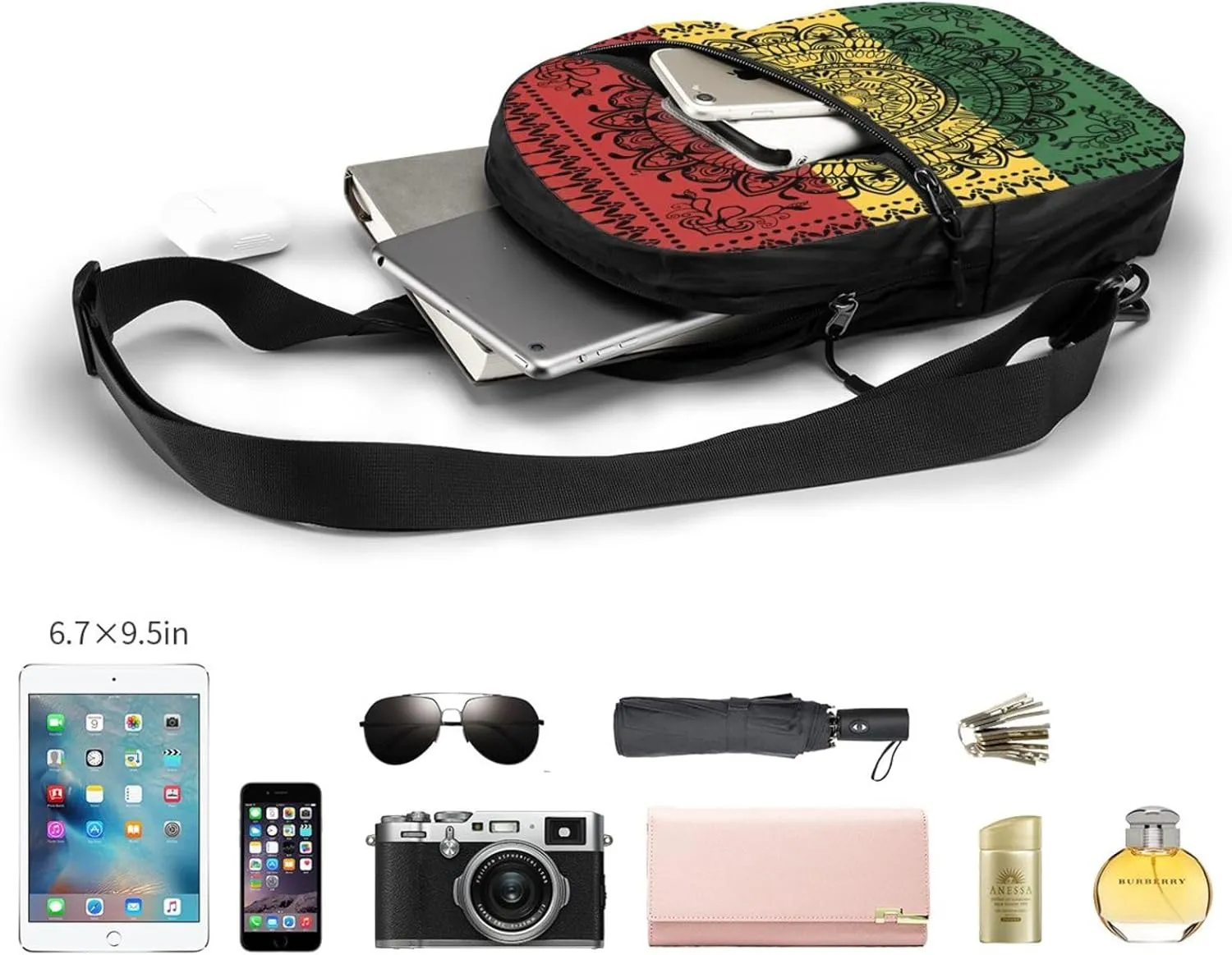 Mandala Rasta Portable Sling Bags Packable Crossbody Bag Foldable Sport Daypack Reusable Shoulder Backpack Diagonally Chest Bag for Workout Travel