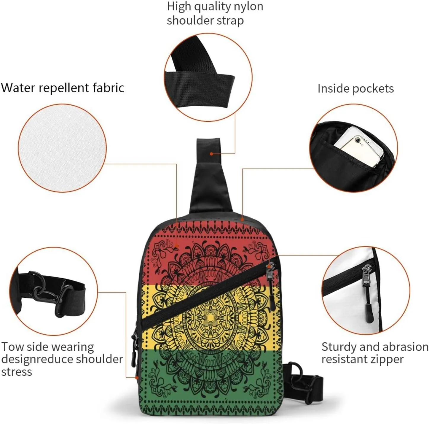 Mandala Rasta Portable Sling Bags Packable Crossbody Bag Foldable Sport Daypack Reusable Shoulder Backpack Diagonally Chest Bag for Workout Travel