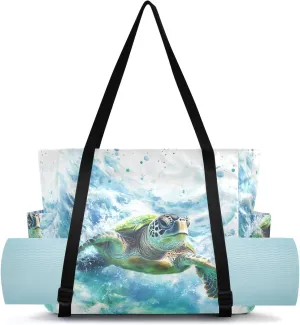 MCHIVER Sea Turtle Seawater Black Yoga Bags for Women Pilates Bag with Adjustable Space for Yoga Mat Carrier for Beach Office Gym Workout Travel