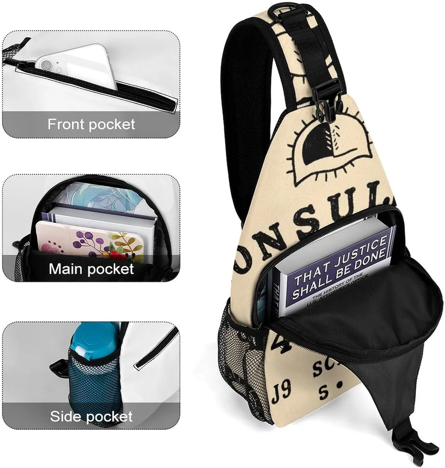 Men Sling Backpack Collapsible Durable Shoulder Crossbody Bag Chest Pack - Witchcraft Magic Spirit Board Art Anti-Theft Multipurpose Daypack Bag With Adjustable Shoulder Strap