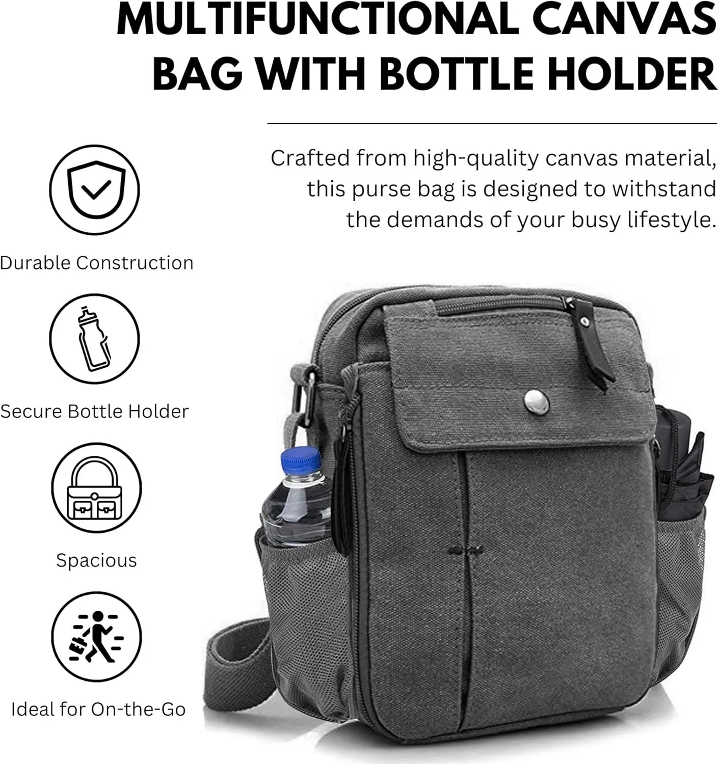 Men's Multifunctional Canvas Crossbody Bag Chest Bag Travel Carry Bag with Bottle Holder