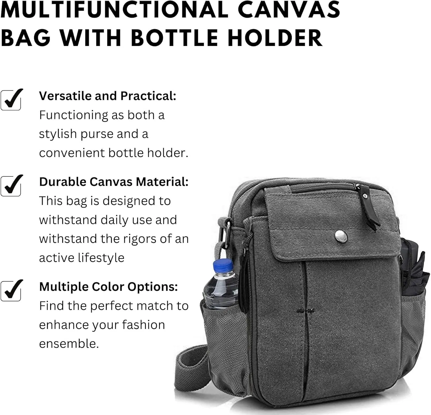 Men's Multifunctional Canvas Crossbody Bag Chest Bag Travel Carry Bag with Bottle Holder