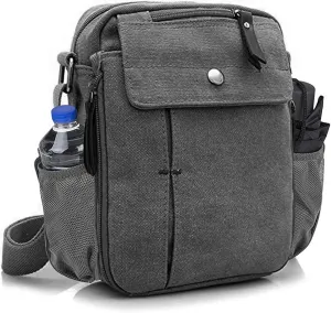 Men's Multifunctional Canvas Crossbody Bag Chest Bag Travel Carry Bag with Bottle Holder