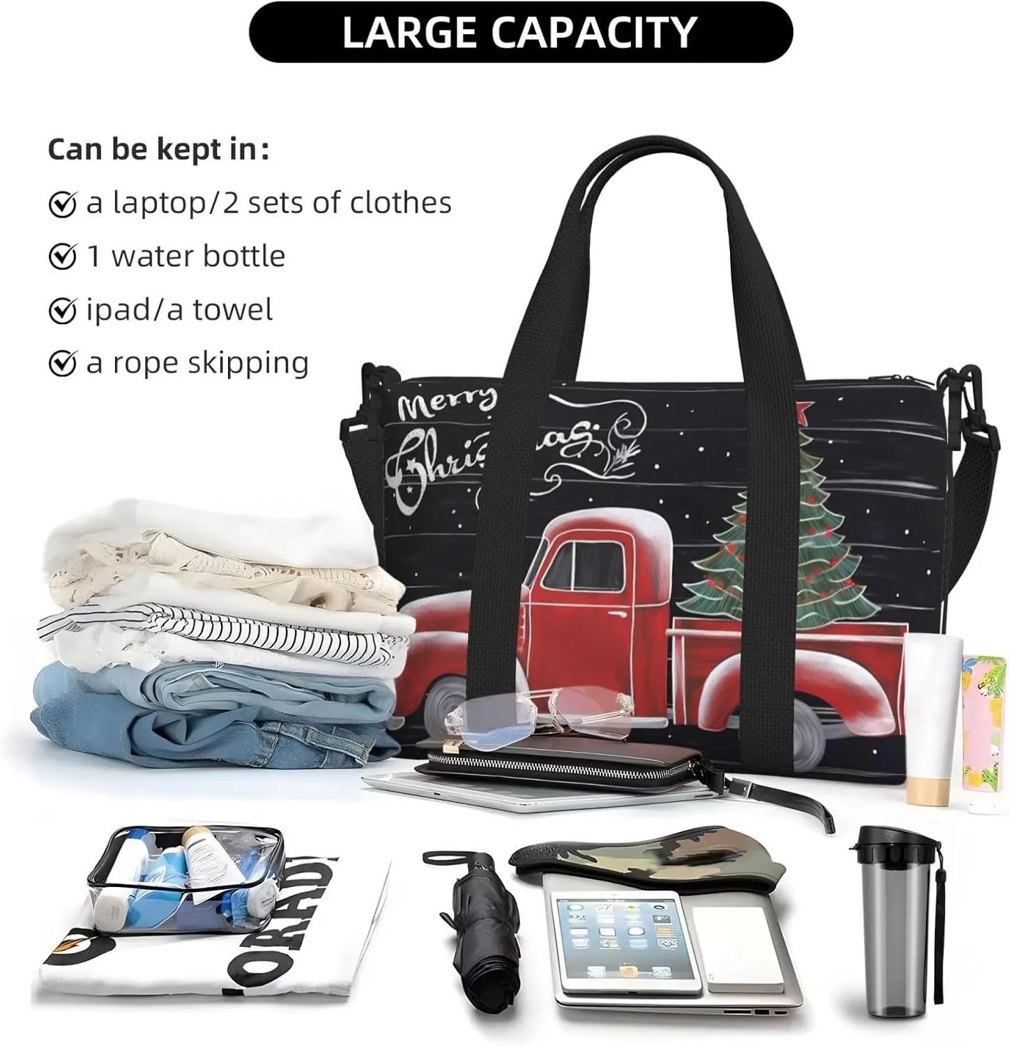 Merry Christmas Snow Travel Duffel Bags for Women Men, Sports Training Gym Bag Dance Bag with Adjustable Shoulder Strap Xmas Tree Truck Weekender Overnight Bag