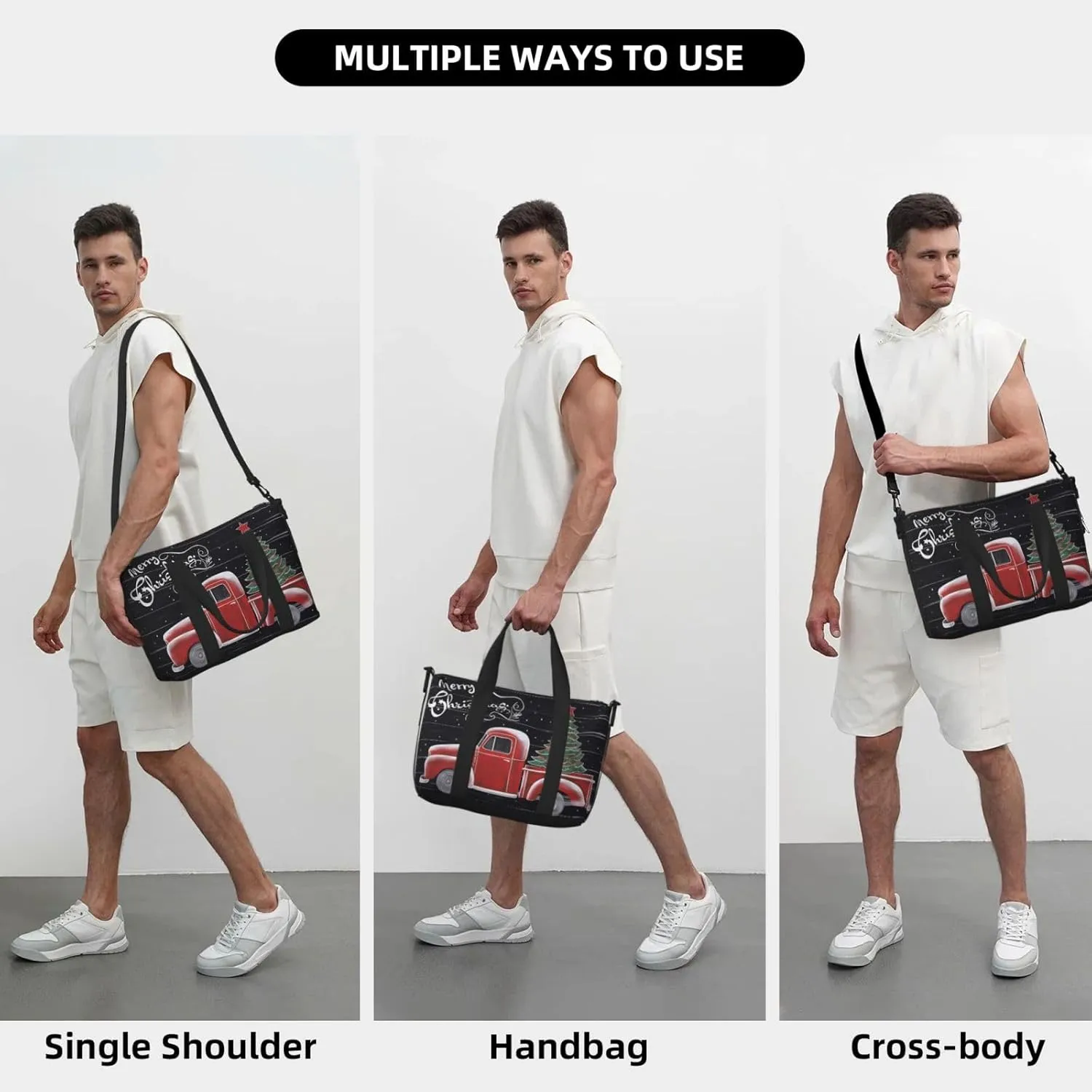 Merry Christmas Snow Travel Duffel Bags for Women Men, Sports Training Gym Bag Dance Bag with Adjustable Shoulder Strap Xmas Tree Truck Weekender Overnight Bag