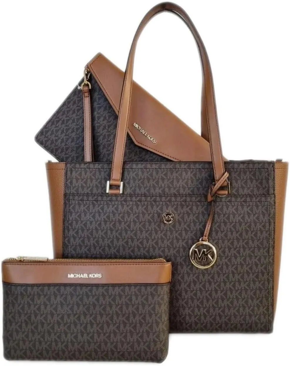 Michael Kors Womens Maisie 3 In 1 Bundle Large Top Zip Tote Crossbody Pouch Wristlet MK Signature (Brown)