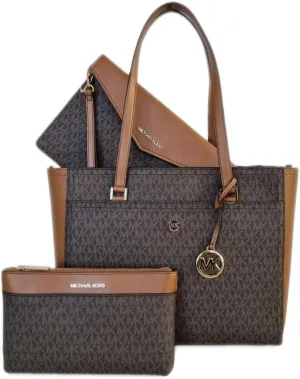 Michael Kors Womens Maisie 3 In 1 Bundle Large Top Zip Tote Crossbody Pouch Wristlet MK Signature (Brown)
