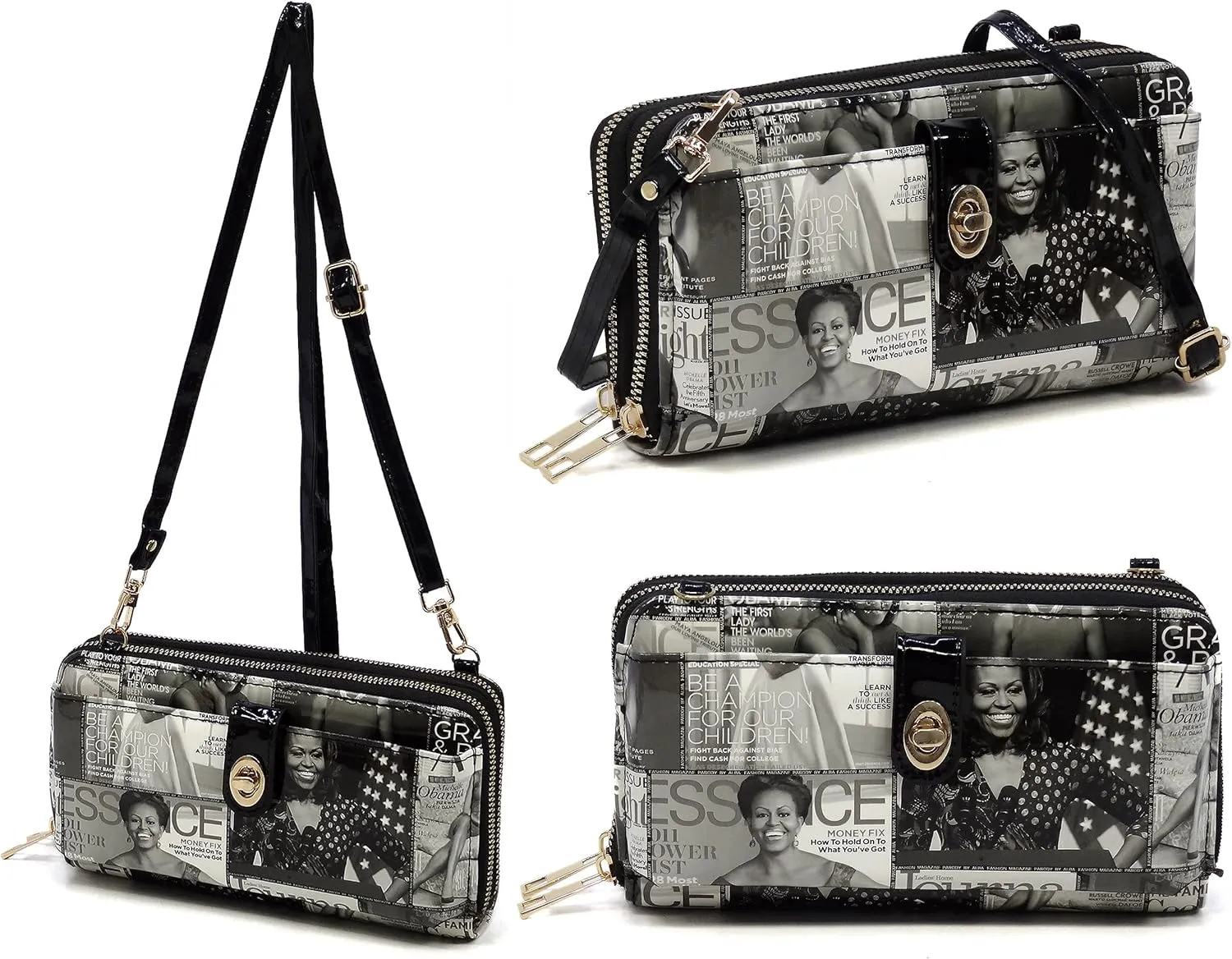Michelle Obama Magazine Cover Collage Cell Phone Purse Wallet Smartphone Crossbody Wallet Travel Multifunction Phone Case