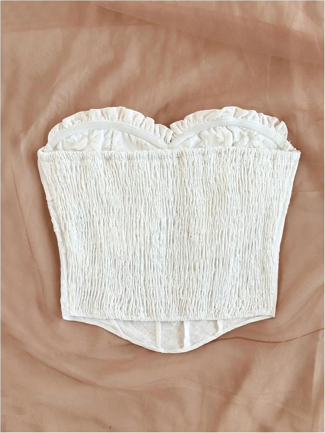 Milumia Women's Textured Strapless Bandeau Crop Top Frill Trim Ruched Bust Corset Tube Tops