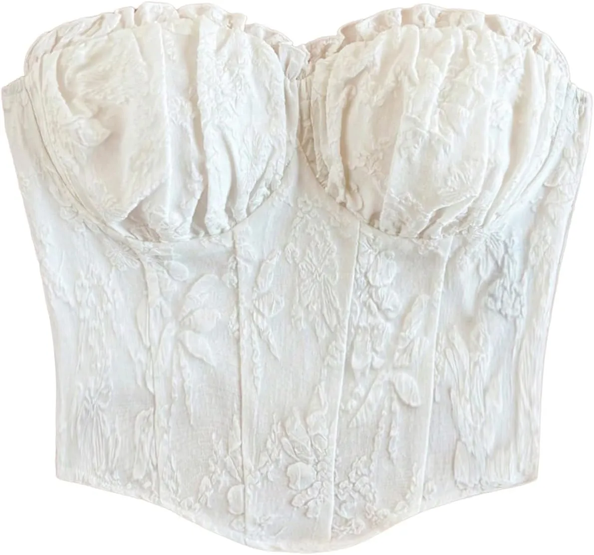 Milumia Women's Textured Strapless Bandeau Crop Top Frill Trim Ruched Bust Corset Tube Tops