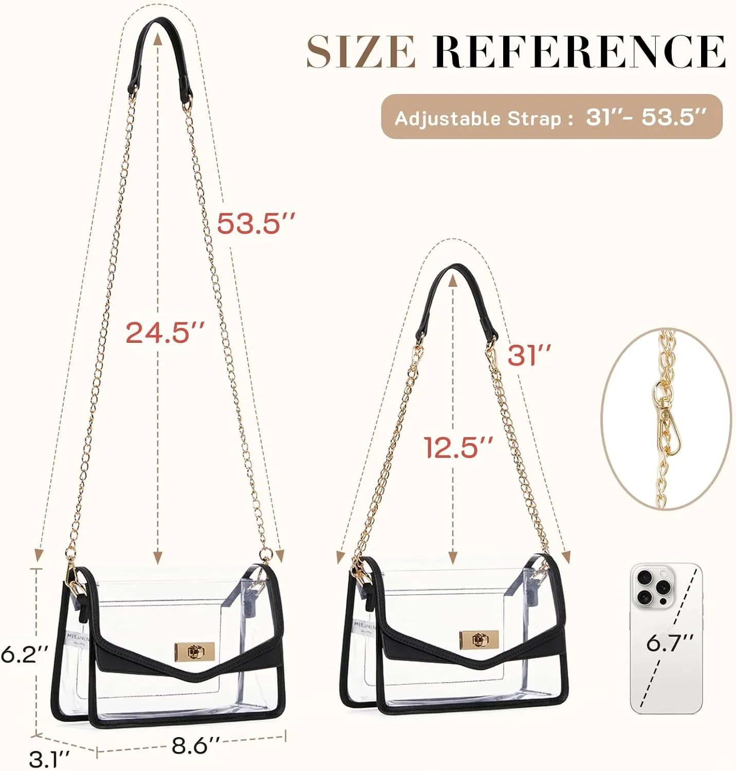 Missnine Clear Bag for Stadium Events Clear Crossbody Purse Stadium Approved Women Transparent Shoulder Bag for Concerts