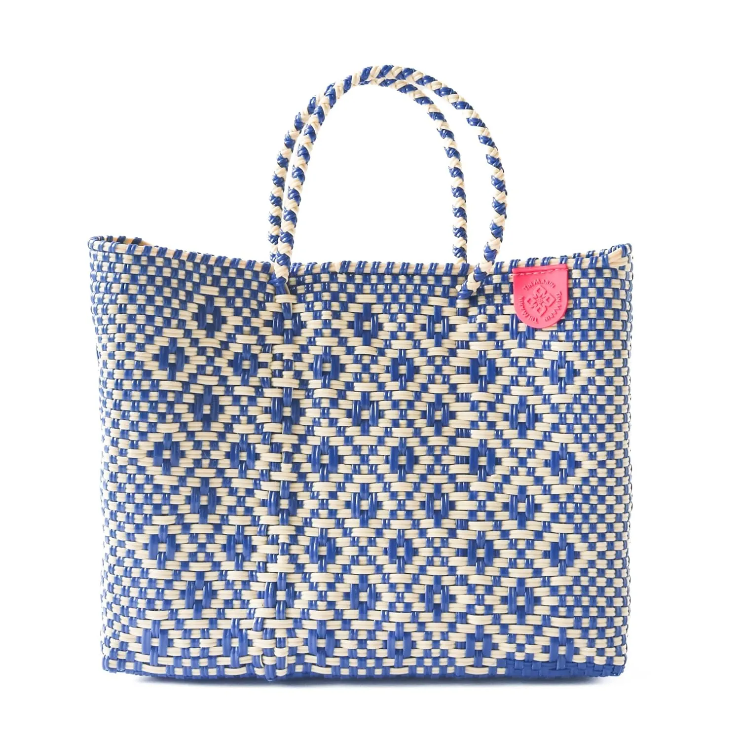 Mixte Medium Woven Crossbody Bag - With Detachable Mesh Pouch, Blue & Beige Beach Bag, Recycled Plastic Purse, Oaxaca Mexican Woven Bag, Artisan Made Resort Bag