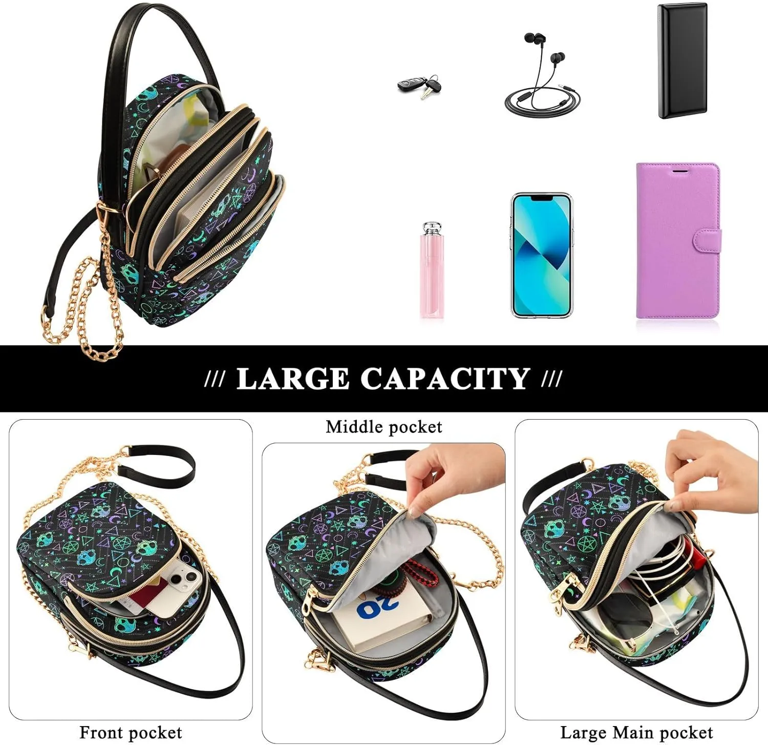 MNSRUU Quilted Crossbody Bags for Women Trendy, Women's Crossbody Handbags Gothic Bats Travel Cell Phone Purses Bags