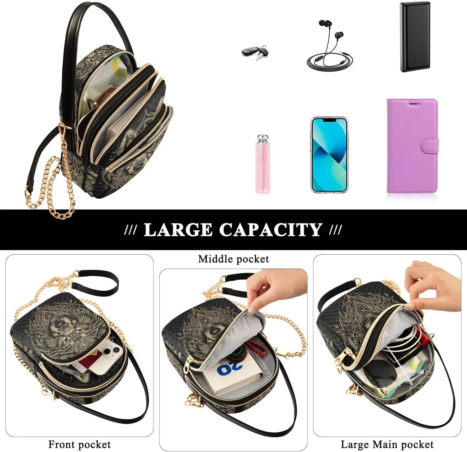 MNSRUU Quilted Crossbody Bags for Women Trendy, Women's Crossbody Handbags Gothic Bats Travel Cell Phone Purses Bags