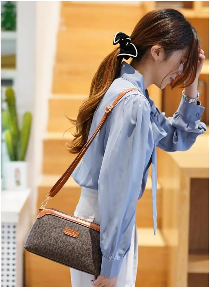Monogram Crossbody Bag, Brown Canvas with Leather Trim, Small Shoulder Purse for Women
