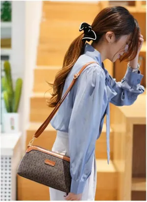 Monogram Crossbody Bag, Brown Canvas with Leather Trim, Small Shoulder Purse for Women