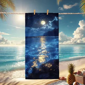 Moonlight Ocean View Beach Towel Dark Blue Coastal Imagery Soft Quick Dry Sand Free Microfiber Blanket for Travel Outdoor Gym Pool Picnic Essentials 62x31 Inch