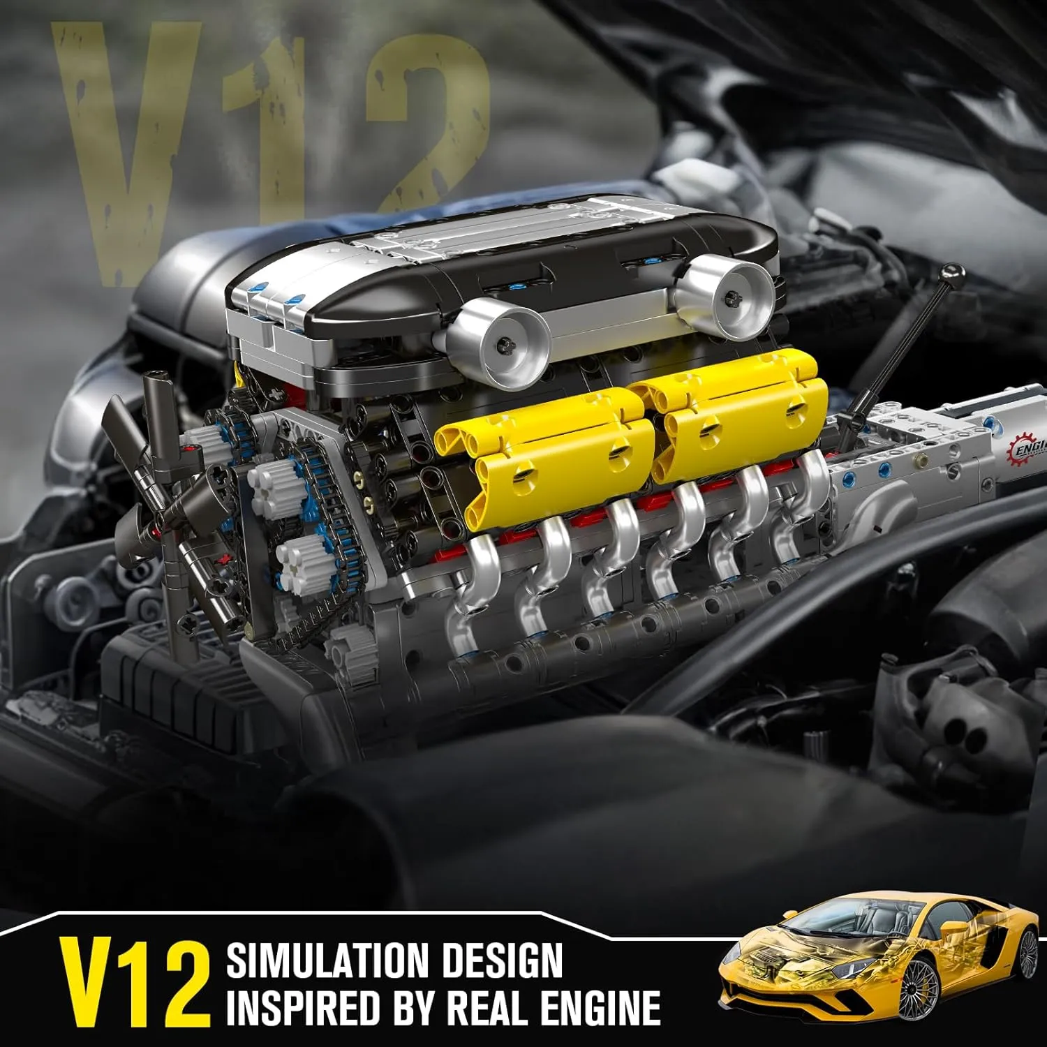 Mould King 10202 V12 4-Speed Transmission Engine Model Kit, 1260 Pcs to Build Your Own Mini Engine That Works, Hobby Building Blocks Kit for Adults, DIY STEM Project for Kids/Teens
