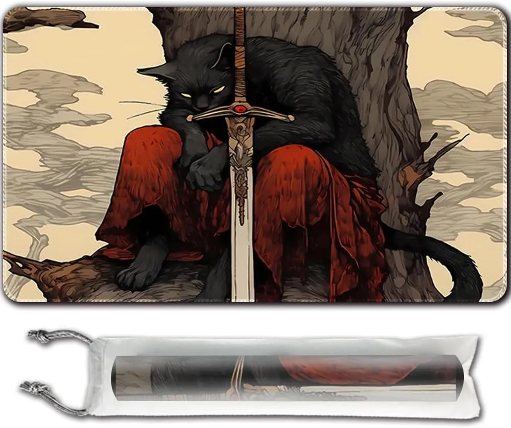 MTG Playmat (Stitched) Size 24x14in Free Storage Bags - Ideal for Card Game Enthusiasts TCG Playmat Mouse Pad with Card Zones (Cat Swordsman,No Zone)