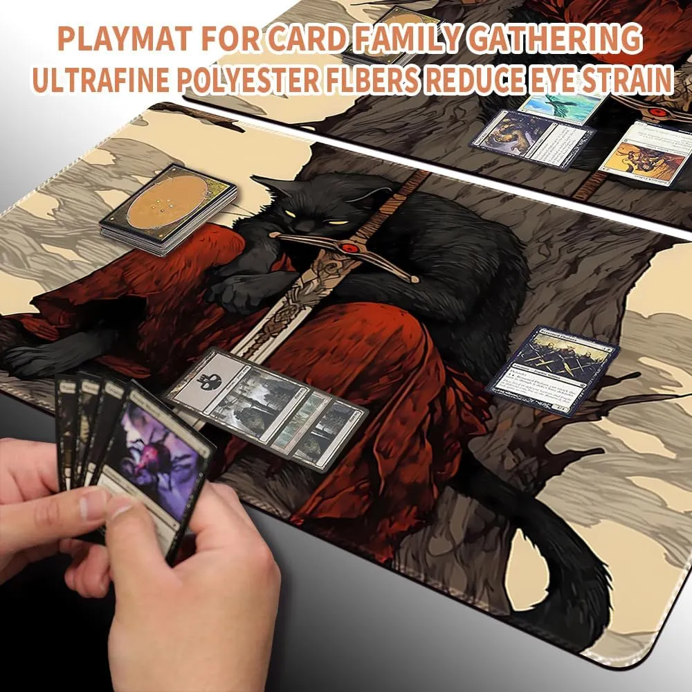 MTG Playmat (Stitched) Size 24x14in Free Storage Bags - Ideal for Card Game Enthusiasts TCG Playmat Mouse Pad with Card Zones (Cat Swordsman,No Zone)