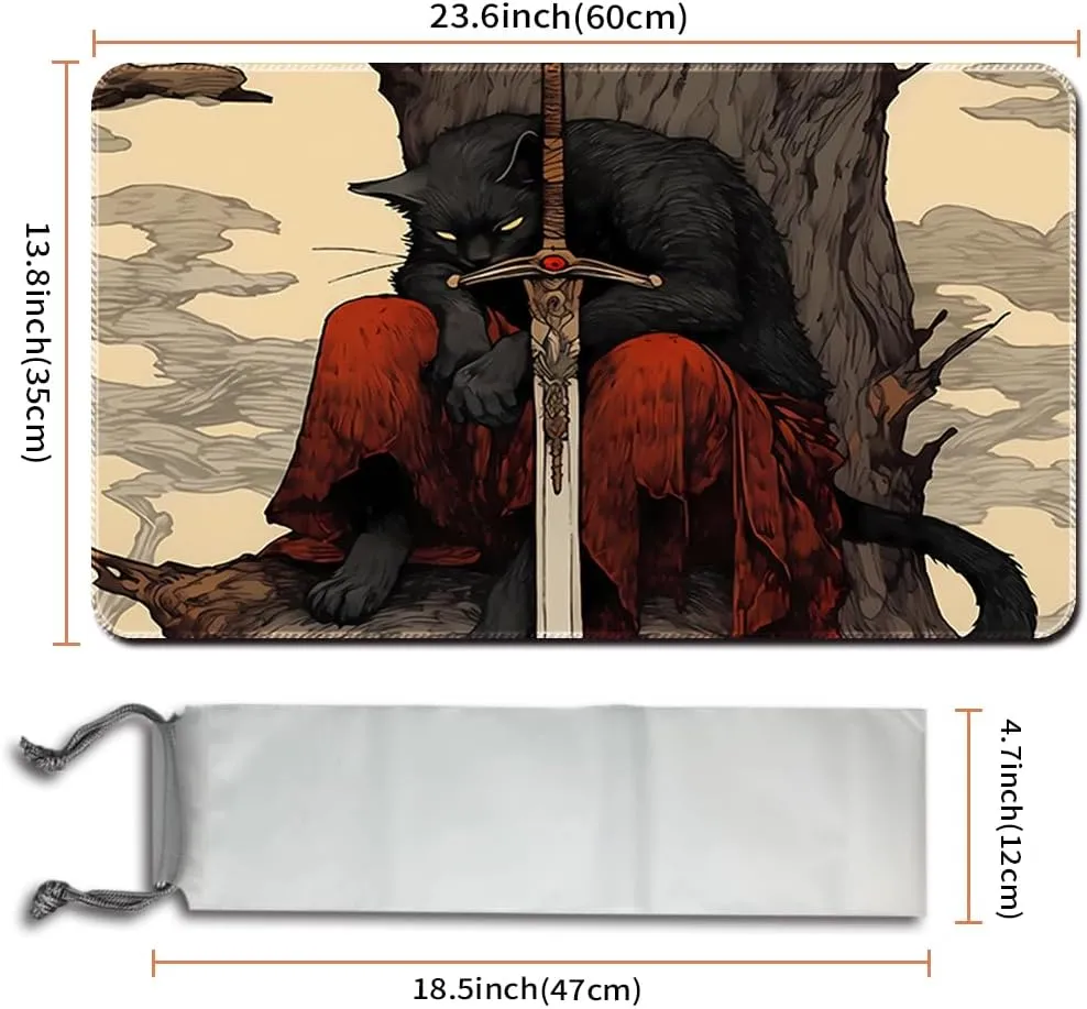 MTG Playmat (Stitched) Size 24x14in Free Storage Bags - Ideal for Card Game Enthusiasts TCG Playmat Mouse Pad with Card Zones (Cat Swordsman,No Zone)