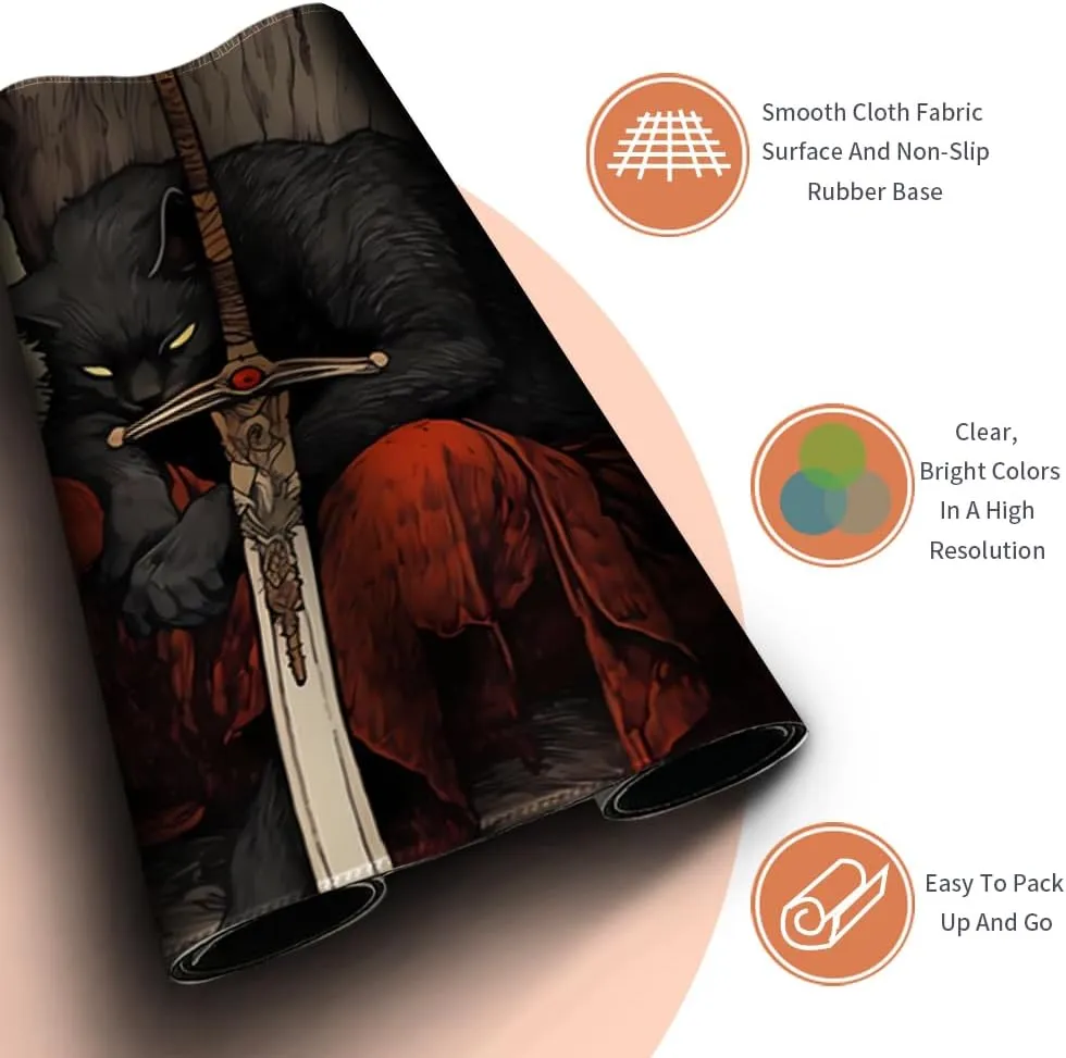 MTG Playmat (Stitched) Size 24x14in Free Storage Bags - Ideal for Card Game Enthusiasts TCG Playmat Mouse Pad with Card Zones (Cat Swordsman,No Zone)