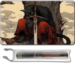 MTG Playmat (Stitched) Size 24x14in Free Storage Bags - Ideal for Card Game Enthusiasts TCG Playmat Mouse Pad with Card Zones (Cat Swordsman,No Zone)