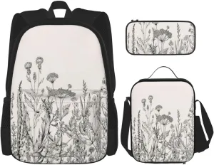 Multi Functional Floral Herbs Botanical Engraving Print Backpack Set With Lunch Bag And Pencil Case,Leisure,Fashion