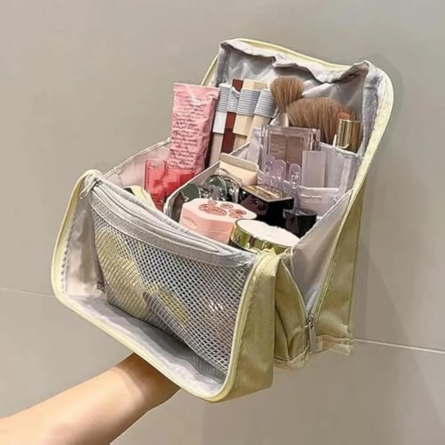 Multi-Purpose Large Capacity Oxford Cloth Standing Makeup Bag - Waterproof Cosmetic Organizer with Compartments, Travel Toiletry Bag, Black Standing Makeup Pouch for Storage (Navy)