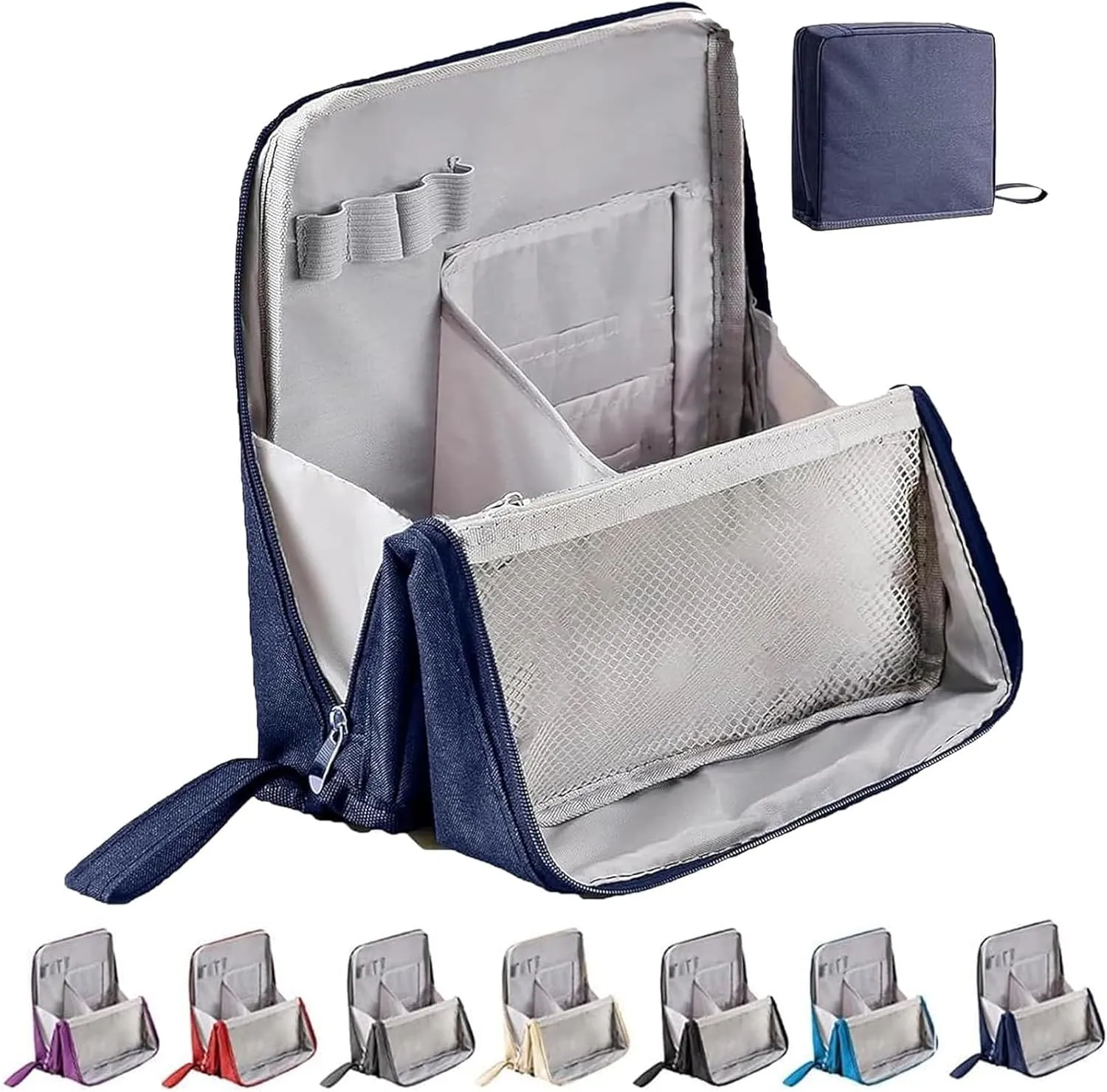 Multi-Purpose Large Capacity Oxford Cloth Standing Makeup Bag - Waterproof Cosmetic Organizer with Compartments, Travel Toiletry Bag, Black Standing Makeup Pouch for Storage (Navy)