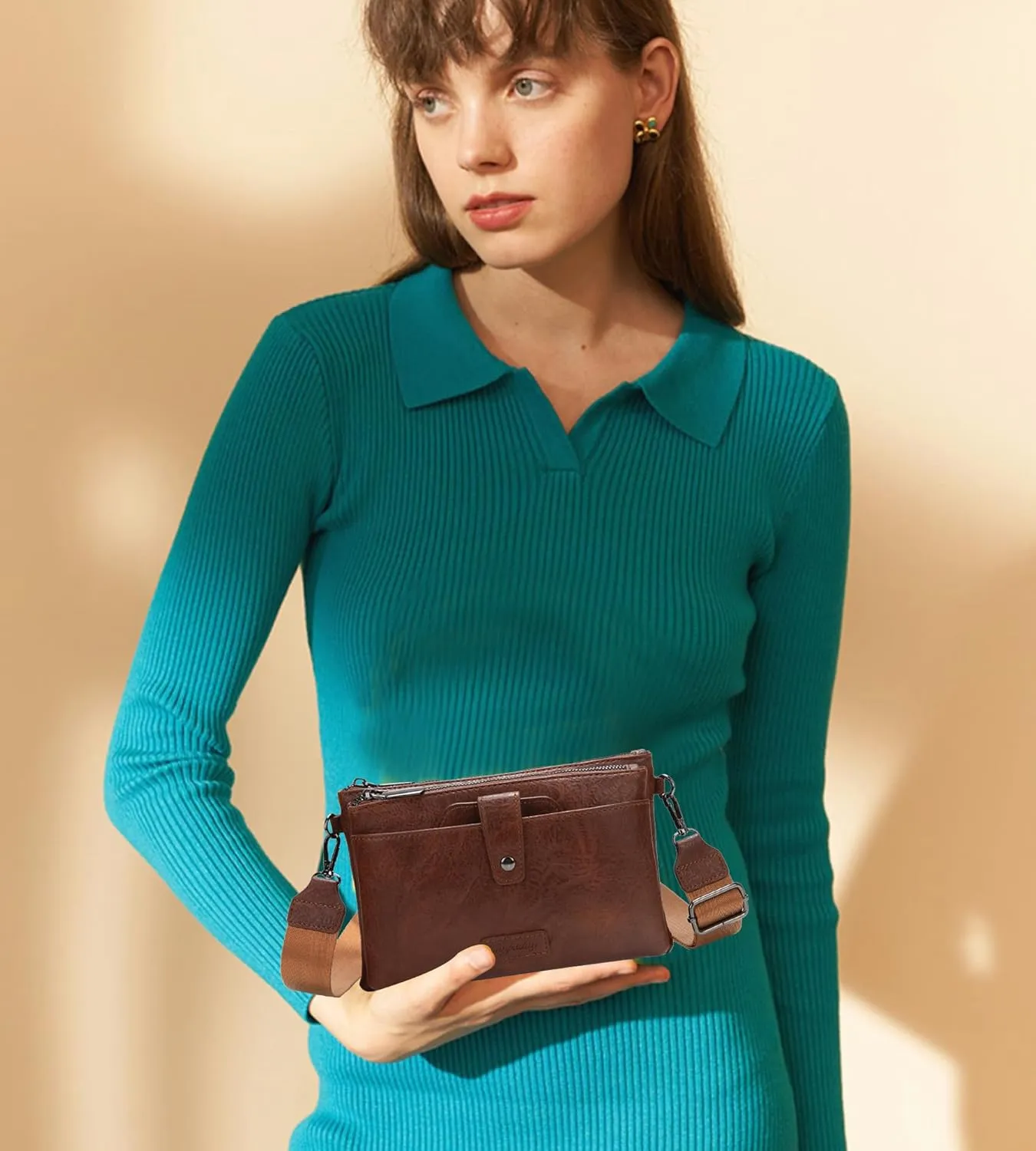 myfriday Vintage Leather Camera Crossbody Bag for Women, Stylish Two Layer Shoulder Bag Purse with Removable Card Slots