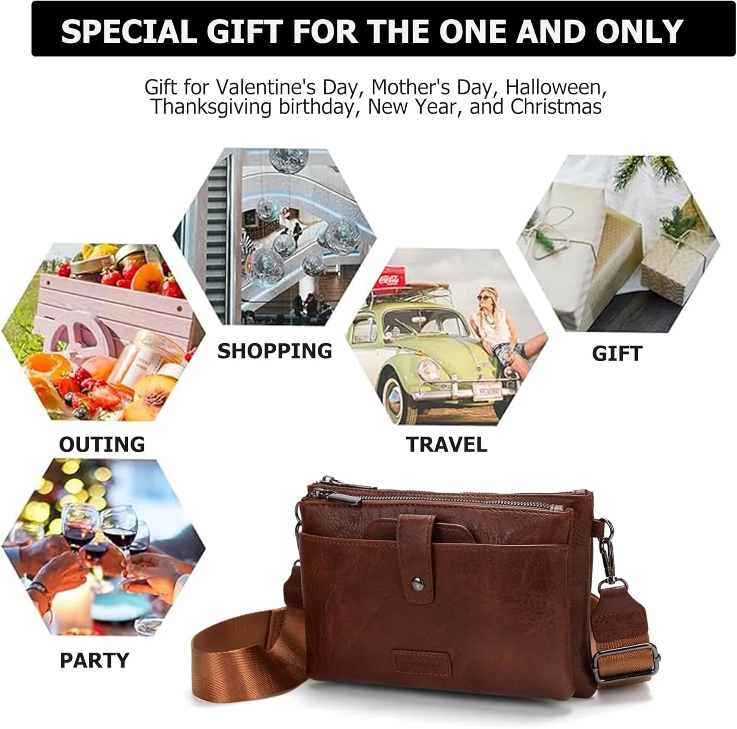 myfriday Vintage Leather Camera Crossbody Bag for Women, Stylish Two Layer Shoulder Bag Purse with Removable Card Slots