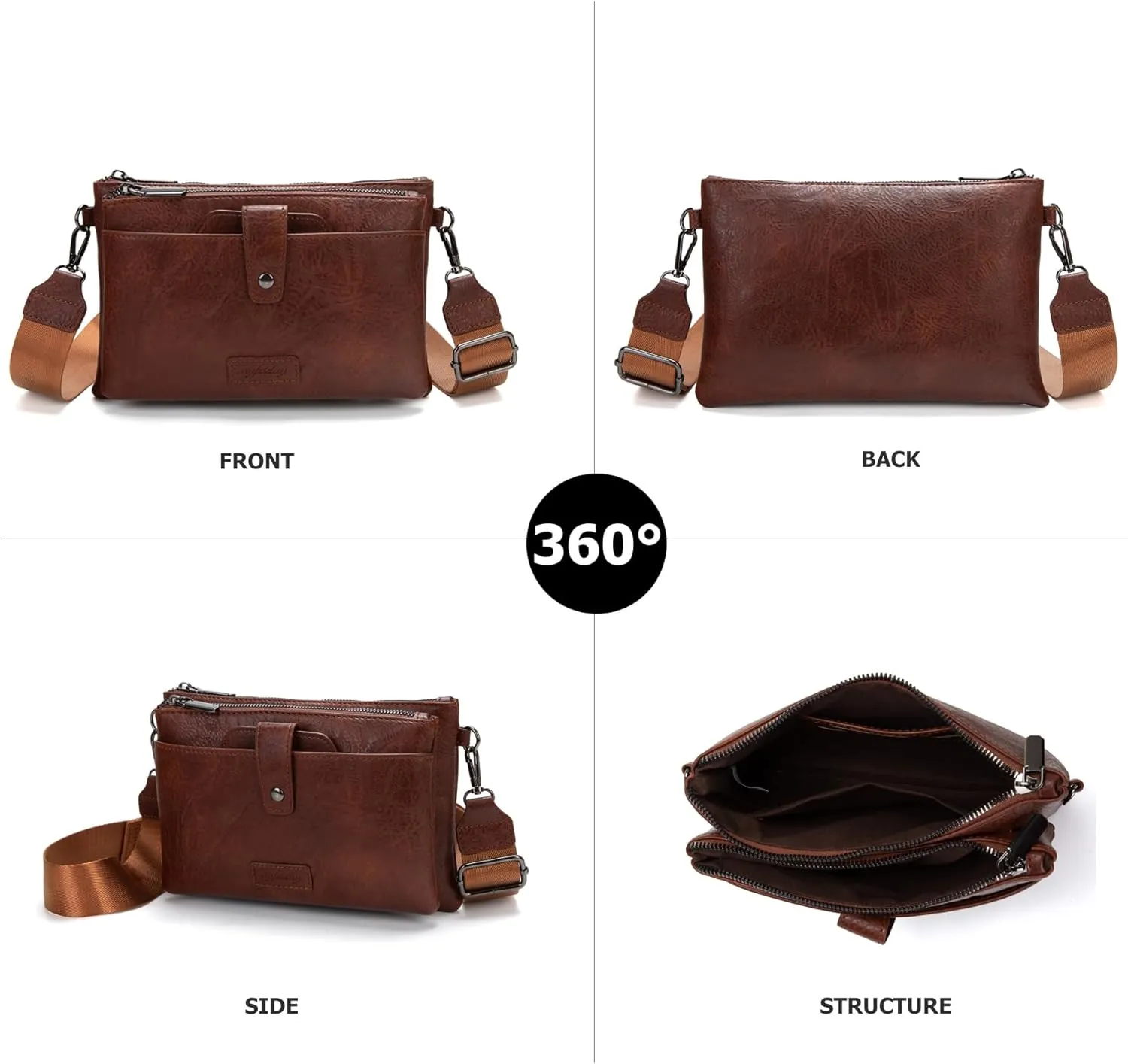 myfriday Vintage Leather Camera Crossbody Bag for Women, Stylish Two Layer Shoulder Bag Purse with Removable Card Slots