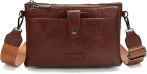 myfriday Vintage Leather Camera Crossbody Bag for Women, Stylish Two Layer Shoulder Bag Purse with Removable Card Slots