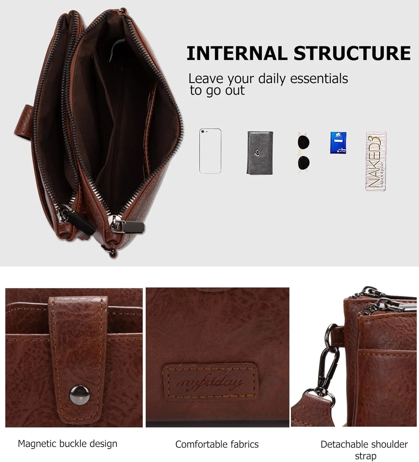 myfriday Vintage Leather Camera Crossbody Bag for Women, Stylish Two Layer Shoulder Bag Purse with Removable Card Slots