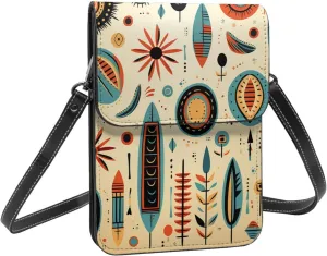 Native southwest geometric tribe vintage crossbody cell phone purse for womens lightweight small soft leather fashion travel wallet with adjustable strap