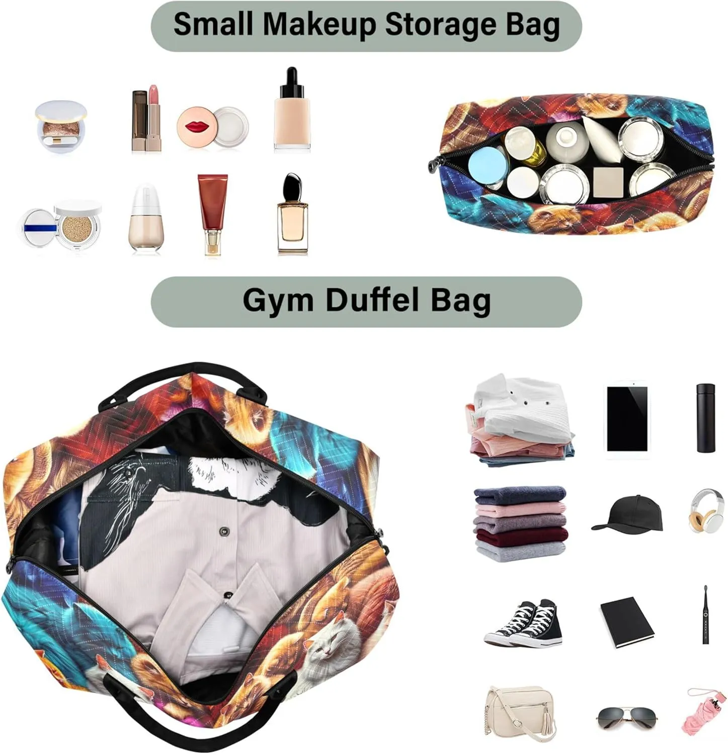 Neon Cats Colorful Travel Duffel Bags Make up Bags Set of 2, Print Women Gym Bags Tote Weekender Travel Bag